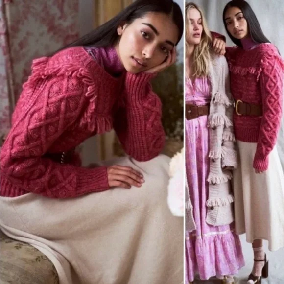 LoveShackFancy Kingston Alpaca Fringe Sweater - Raspberry in size S